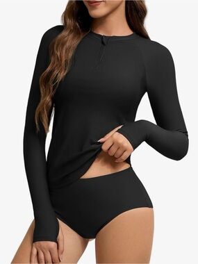NWT Two piece Swimsuit, Black Long Sleeve Swim Top, Bathing Suit Top & Bottom